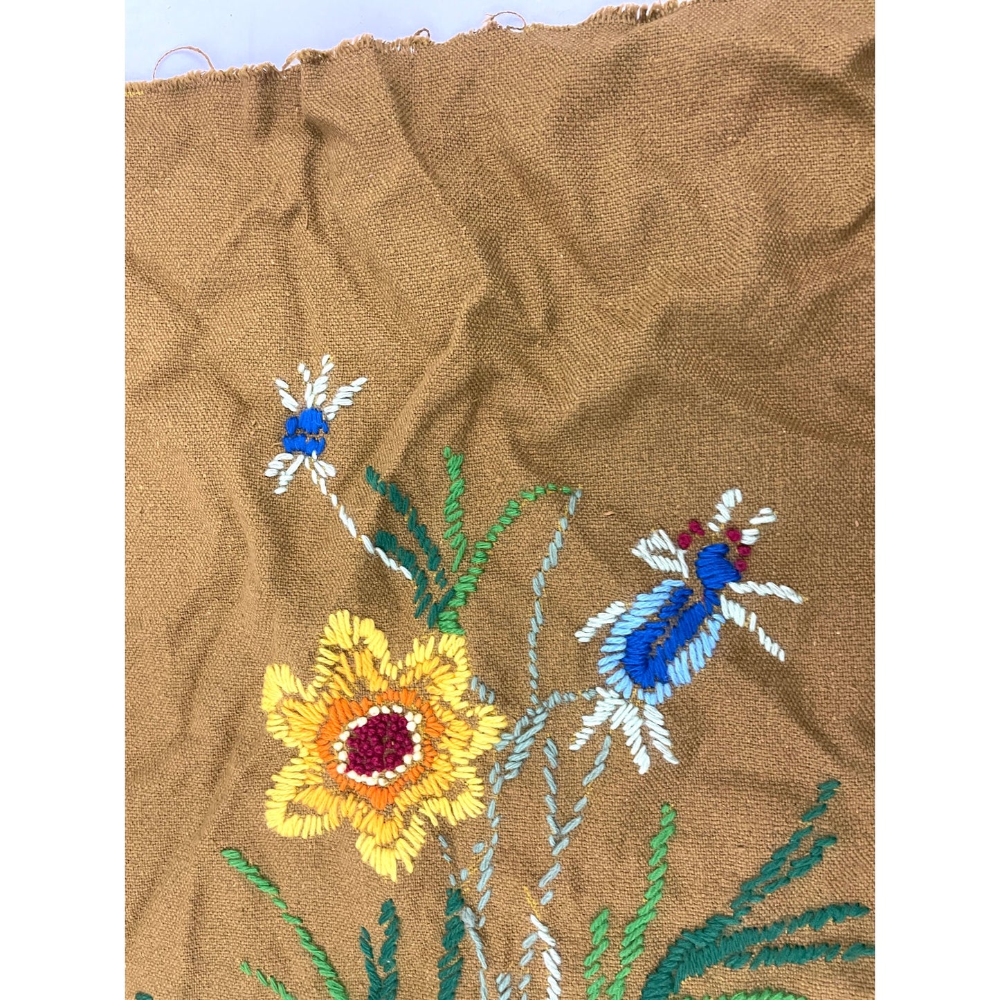 VTG Crewel Flowers Vase Needlecraft Embroidered Wall Art 20"x32" 70s Unframed