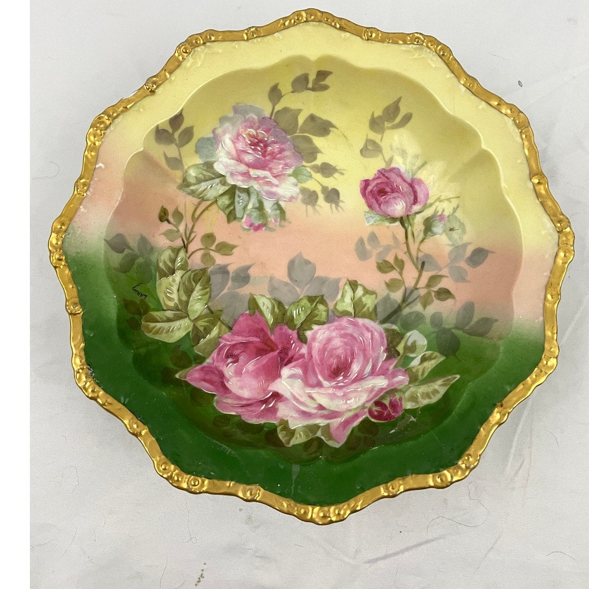 Antique Limoges Bowl France Handpainted Pink Roses Gold Accent Artist Signed VTG