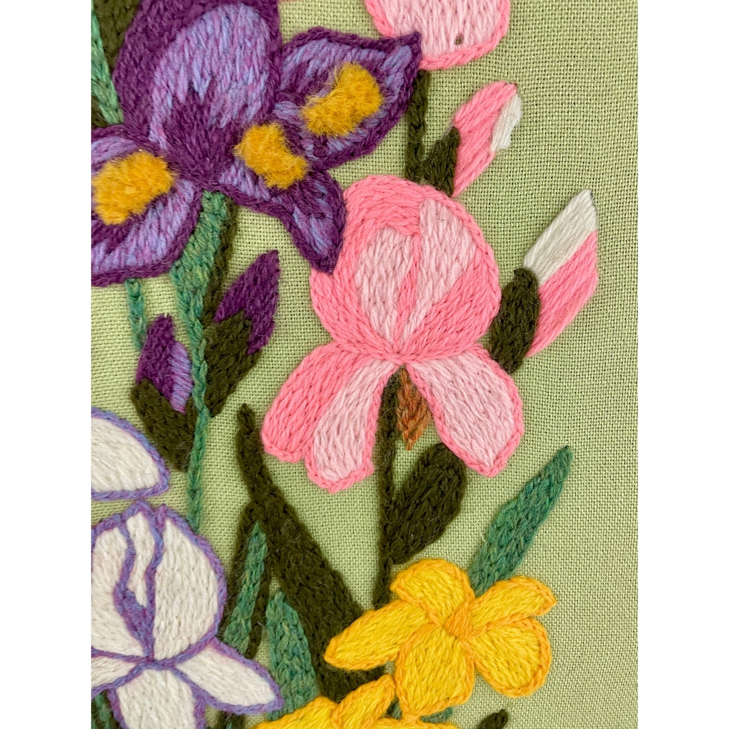 VTG Crewel Floral Iris Needlepoint Framed 70's Embroidered Wall Art 13"x34"