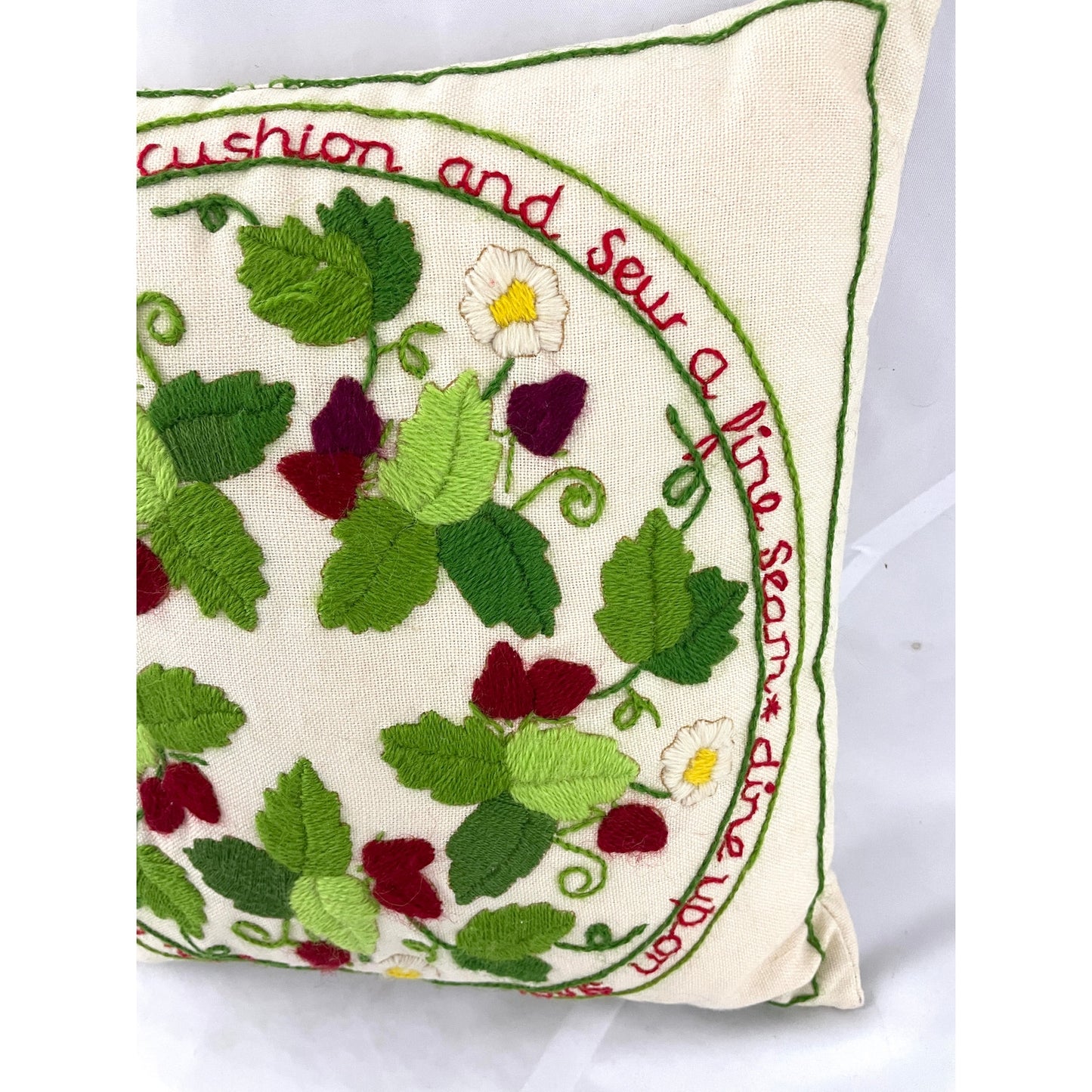 VTG Hand Stitched Strawberries Crewel Embroidery Throw Pillow 1080s 12"x12"