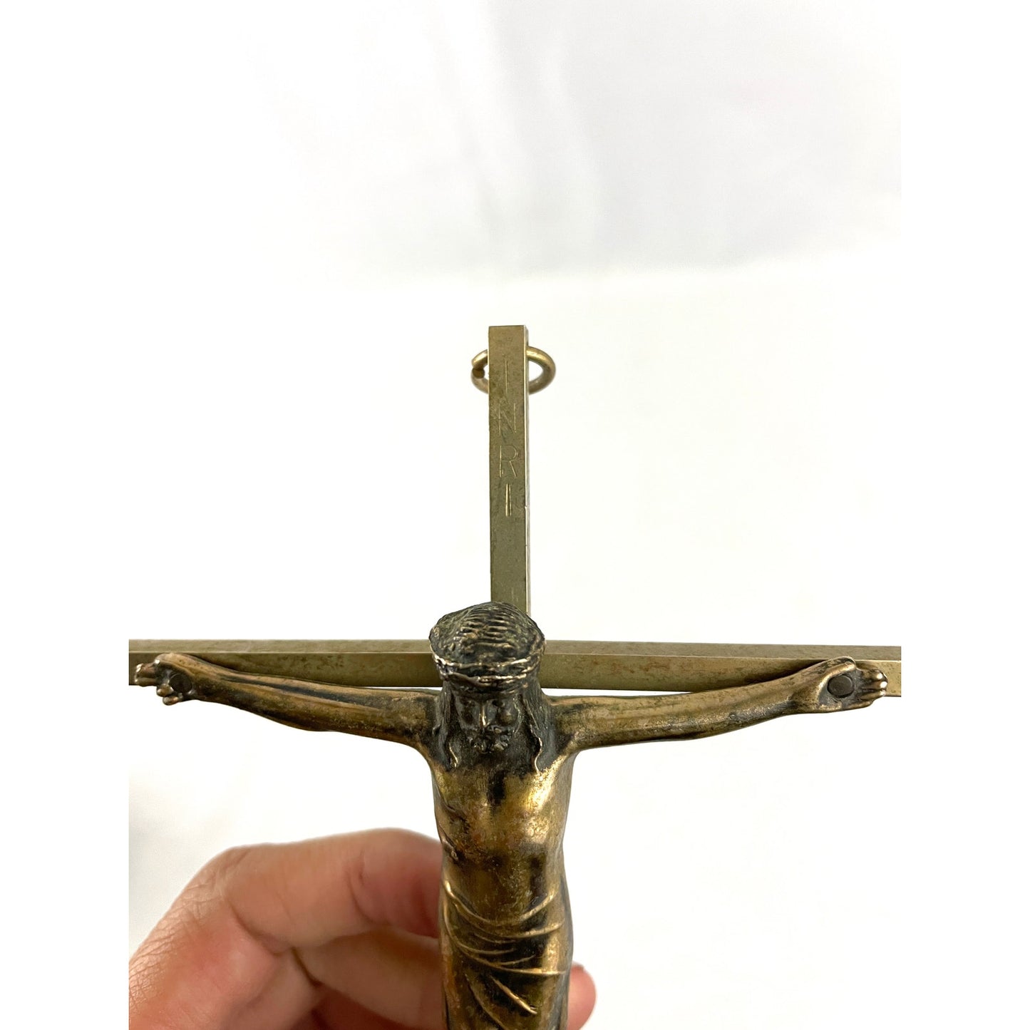 VTG Brass Crucifix Cross Jesus Christ Wall Hanging Engraved INRI Religion 9"