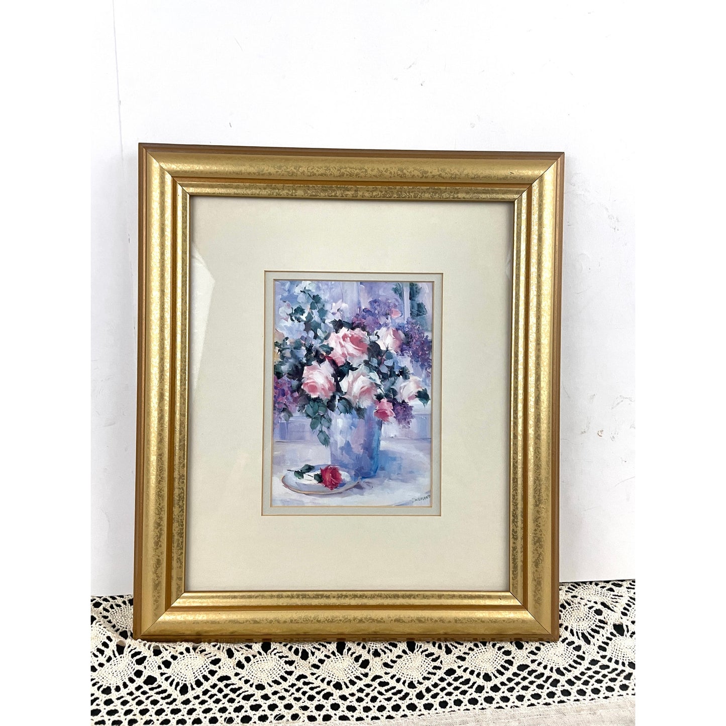 VTG Pink Roses In Vase Penny Dermand Print Wall Decor Hanging Framed 12"x15"