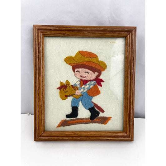 VTG 70's Little Boy Playing Crewel Embroidered Framed Wall Art 7"x 8" Western