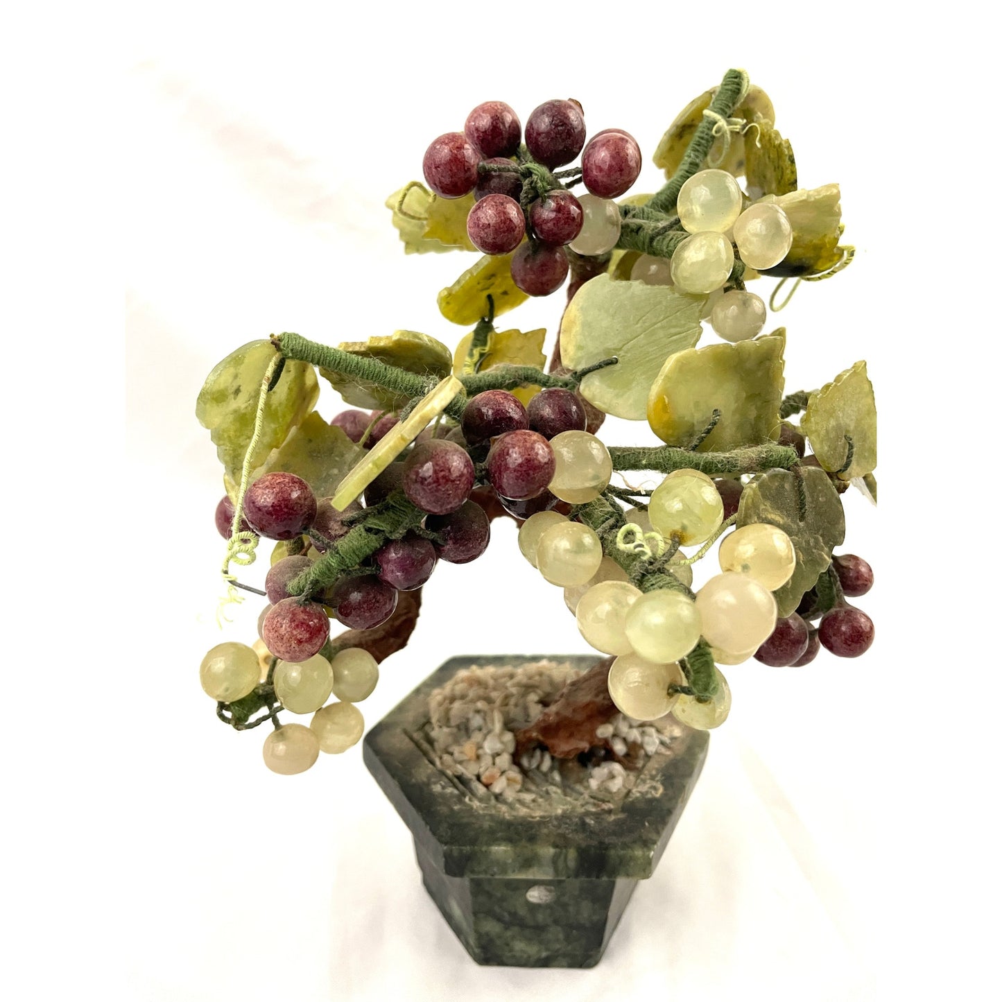 VTG Green Jade Carved Leaves Grapes Berries Fruit Faux Bonsai Tree 8" Tall