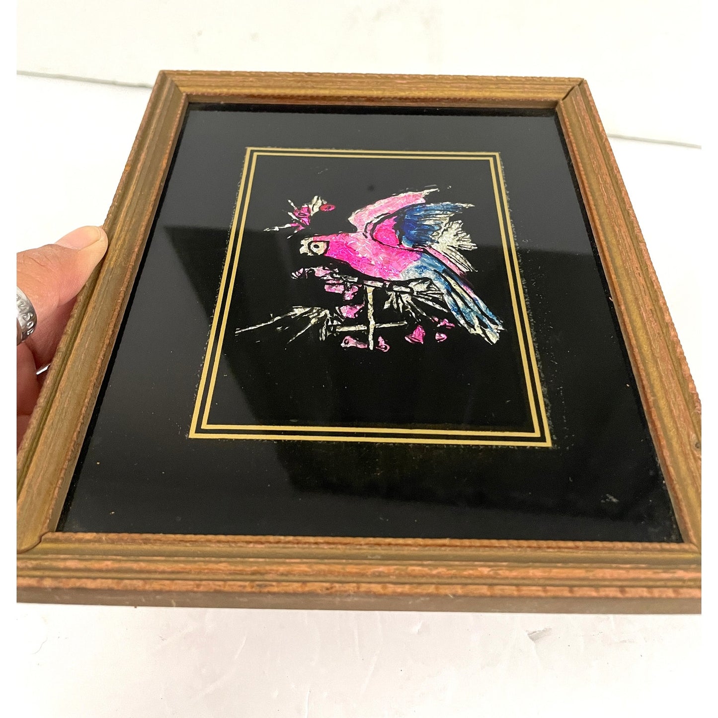 VTG Folk Art Tinsel Foil Reverse Artwork Framed 70s Parrot Bird 6.5"x8"