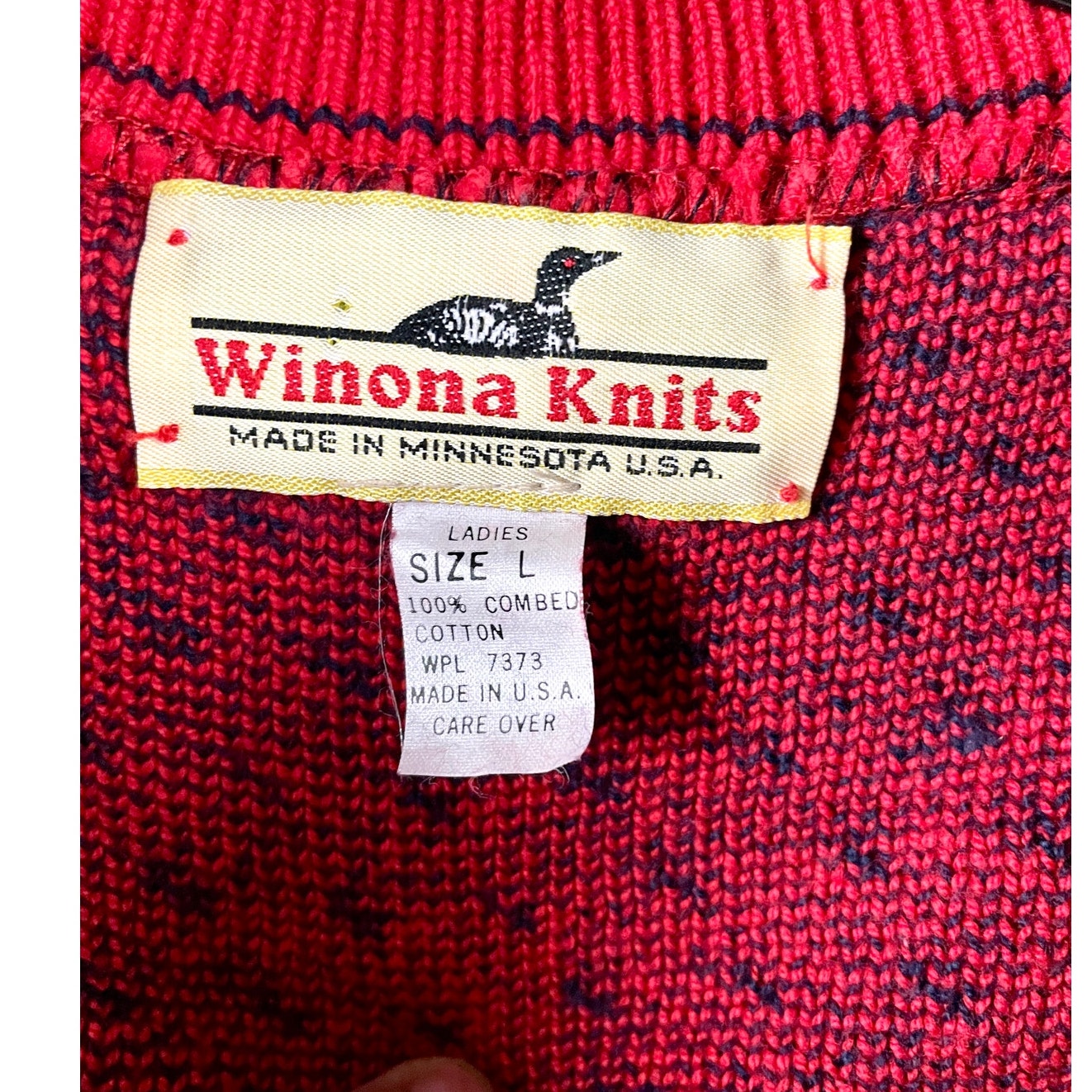 VTG Red Pattern V Neck Cardigan LARGE Womens 1990s Knit USA Made | Winona Knits