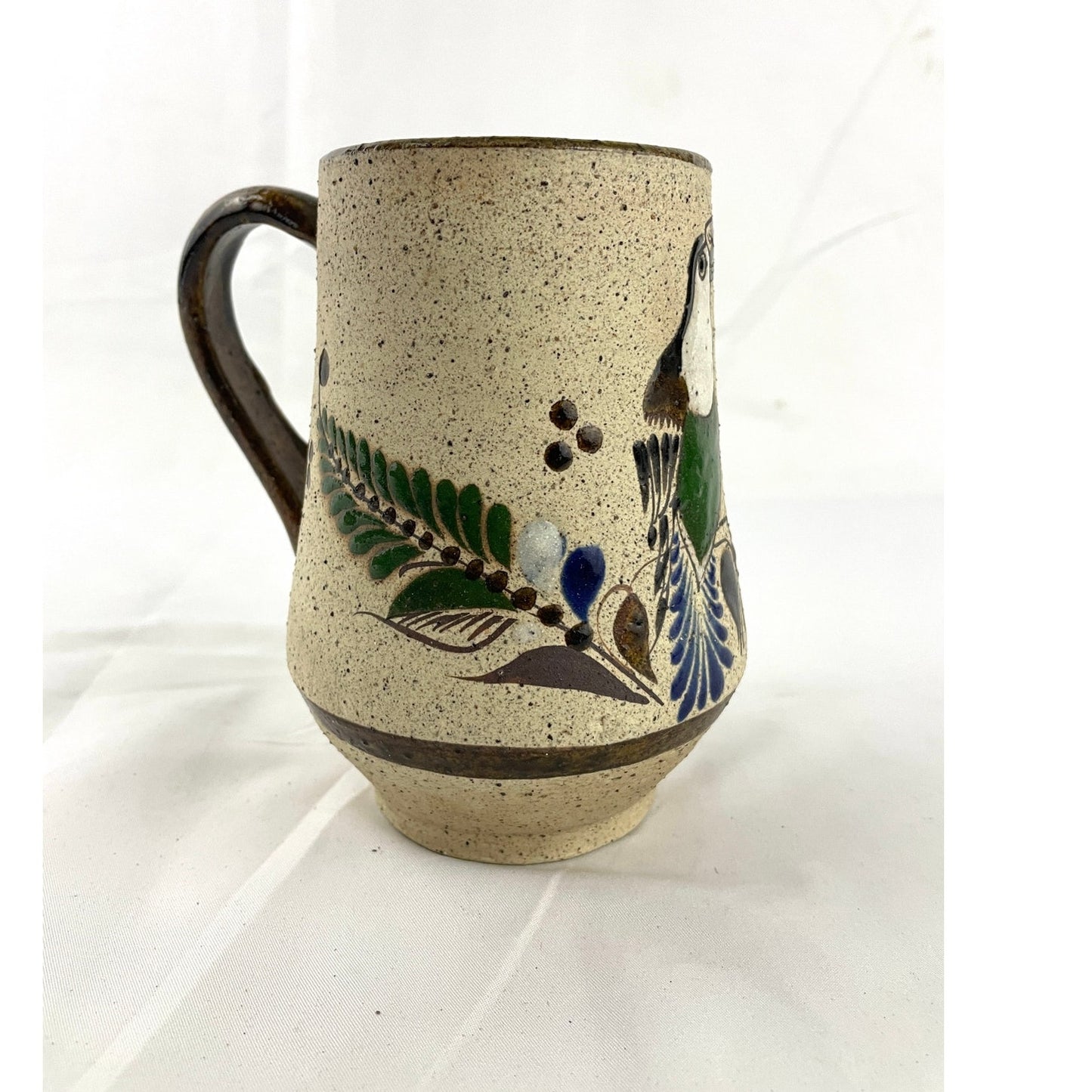 Mexican Tonala Hand Painted Stoneware Pottery Coffee Mug Handmade Flowers Birds