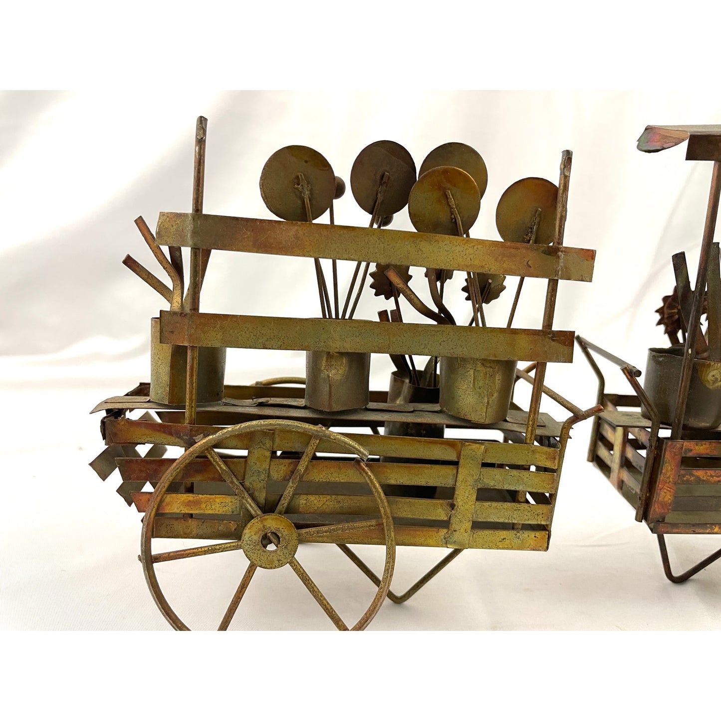 VTG Lot of 2 Copper Market Wagon Metalware Decor Flower Cart Farmers Sculpture