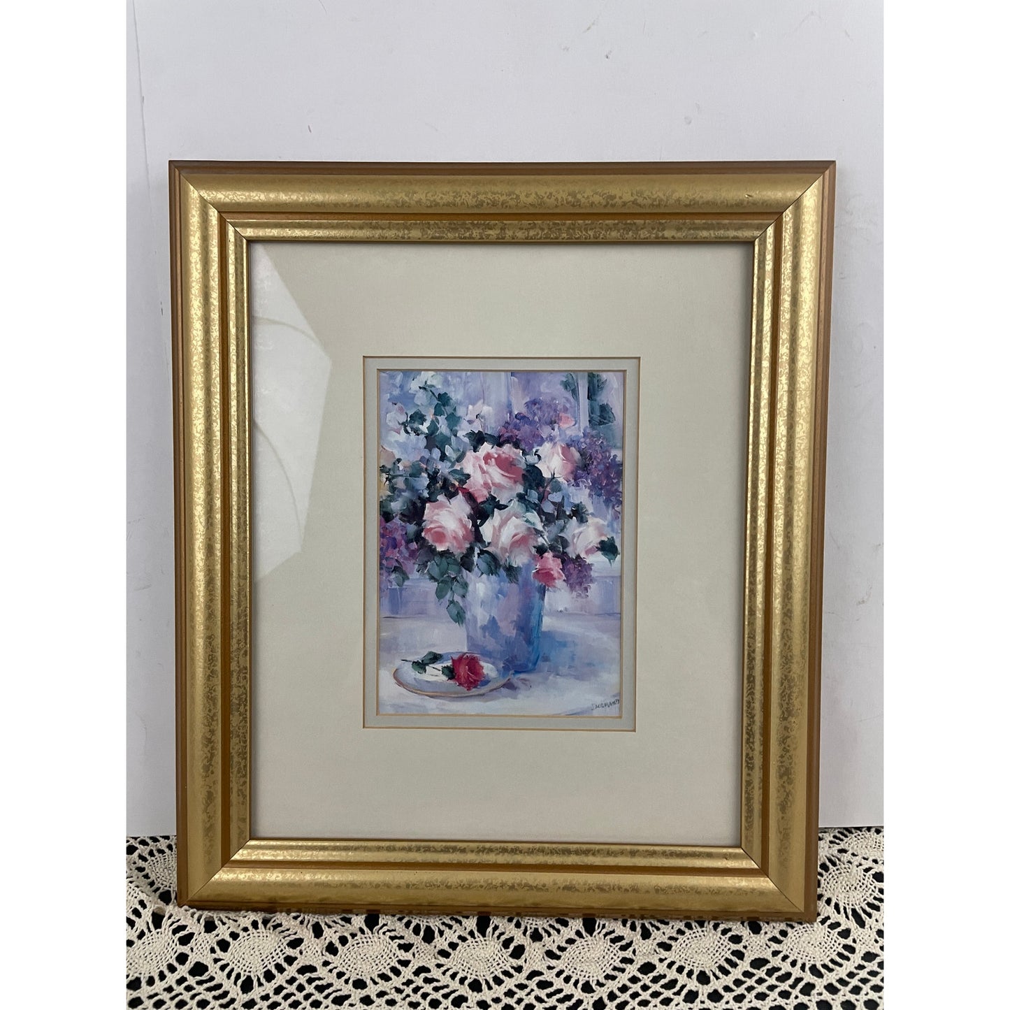 VTG Pink Roses In Vase Penny Dermand Print Wall Decor Hanging Framed 12"x15"