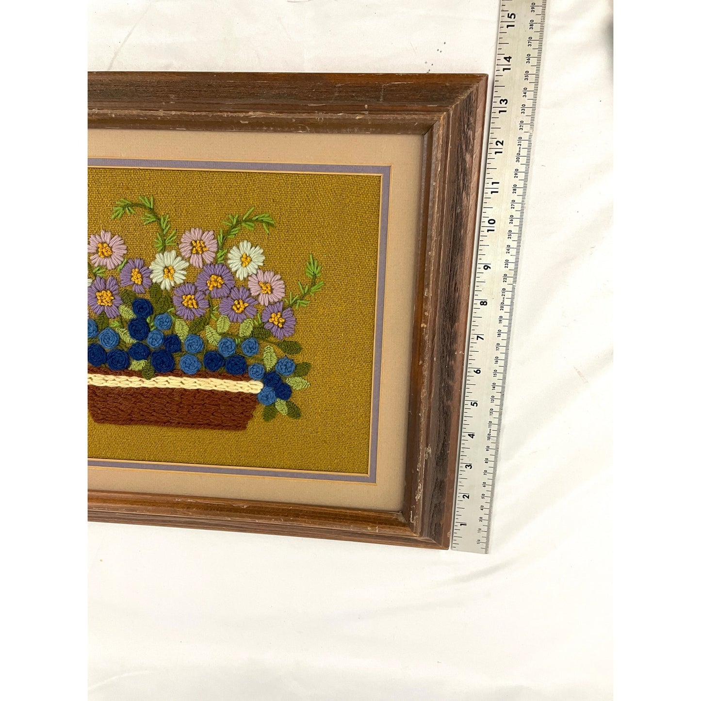 VTG Crewel Embroidery Floral Framed 70's Finished Fiber Wall Art 16"X14" MCM