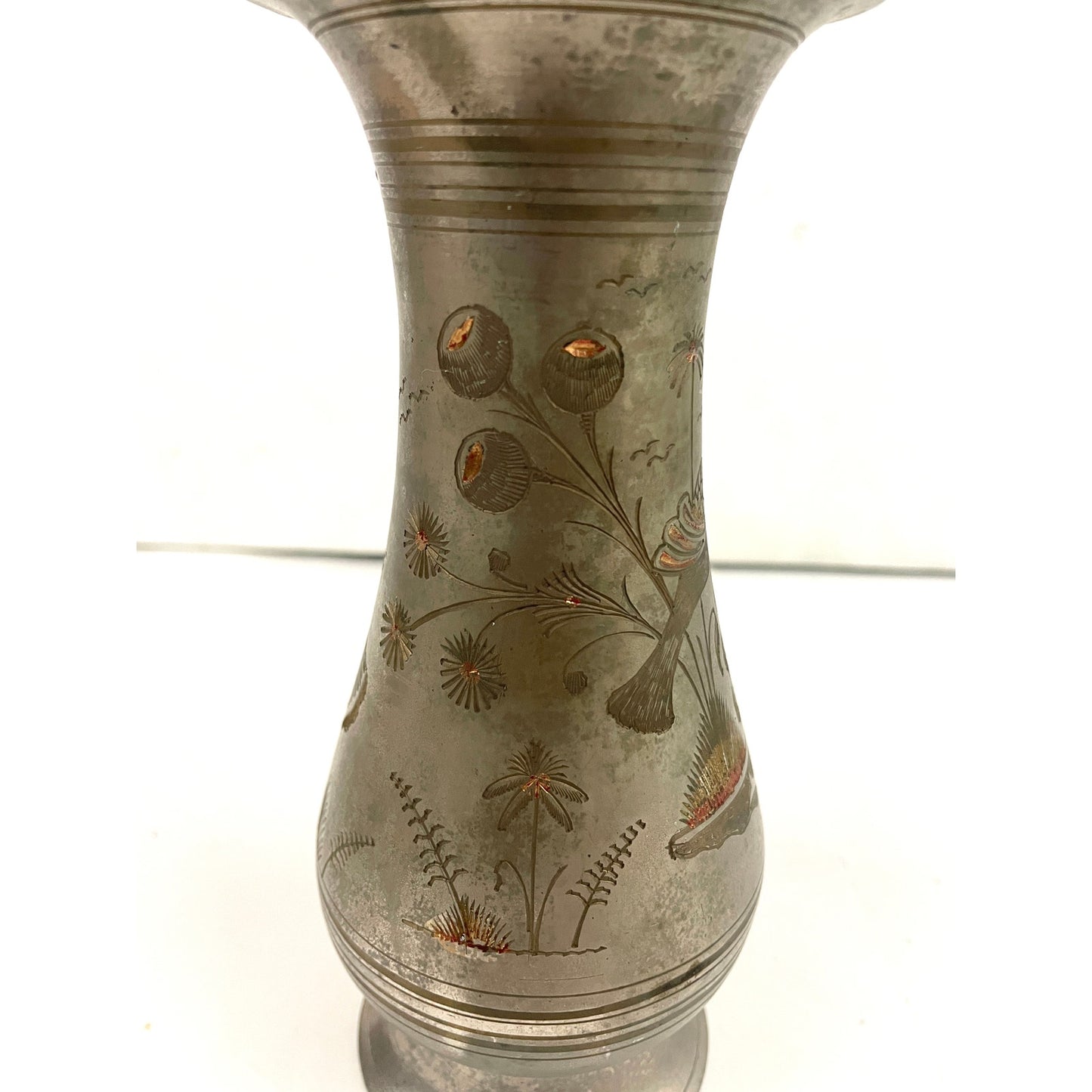 VTG Silver Tone Metal Middle Eastern Vase With Etching 8" Tall Birds Fish