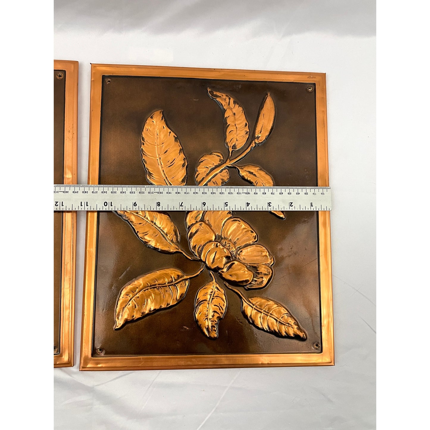 VTG Set of 2 Copper Floral Art Prints Embossed Metal Flowers Retro 11"x13"