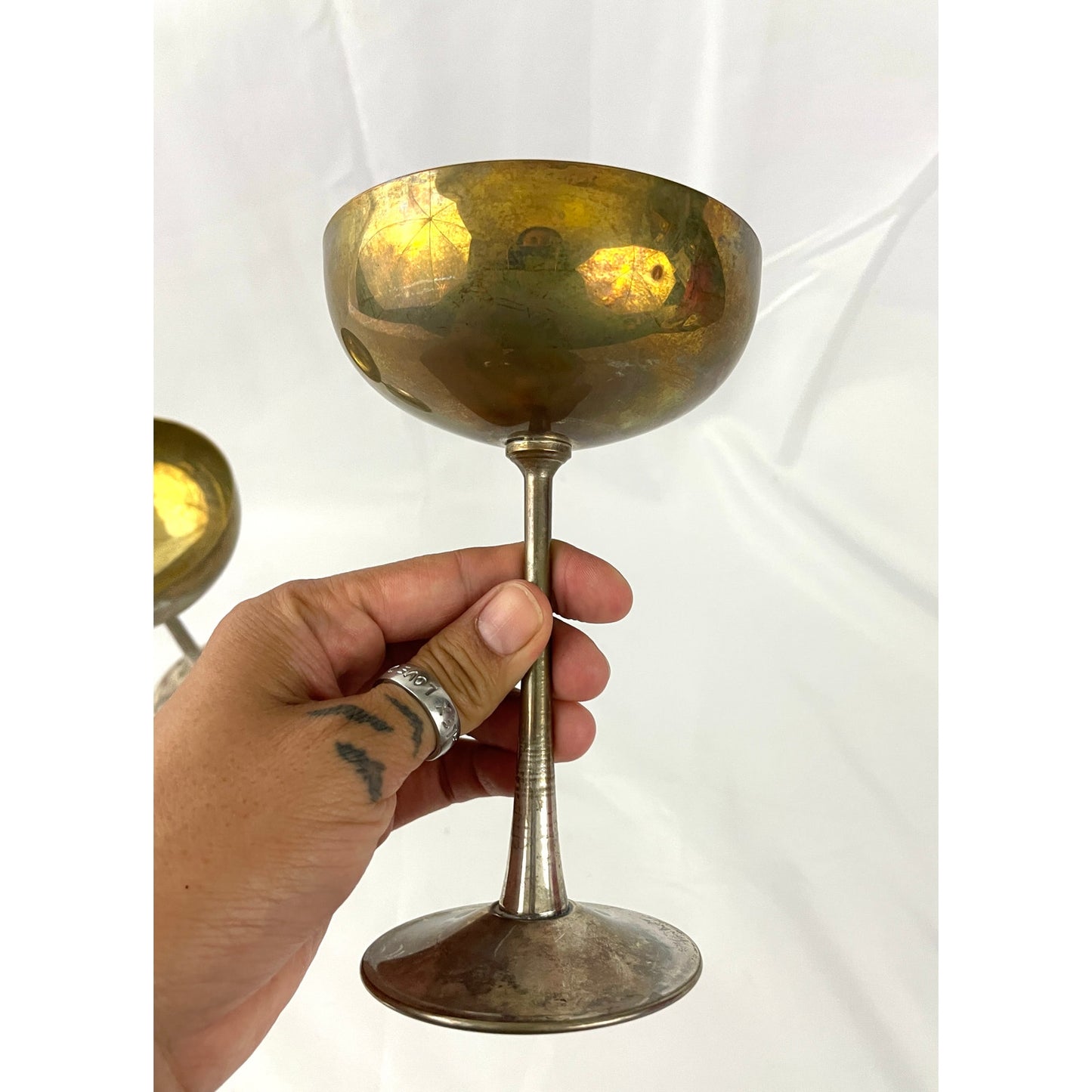 VTG Pair Leonard Silver Toned Brass Tarnished Goblets Chalice