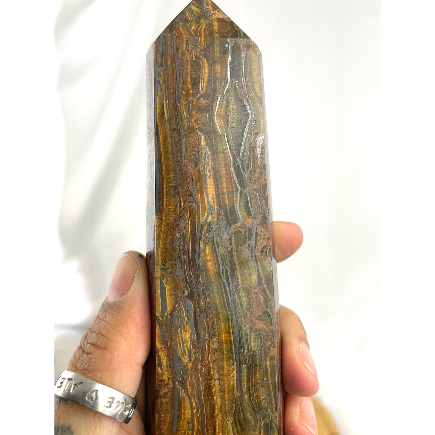 Tigers Eye Tower Obelisk Point 5 7/8" Natural Quartz Crystal 306g