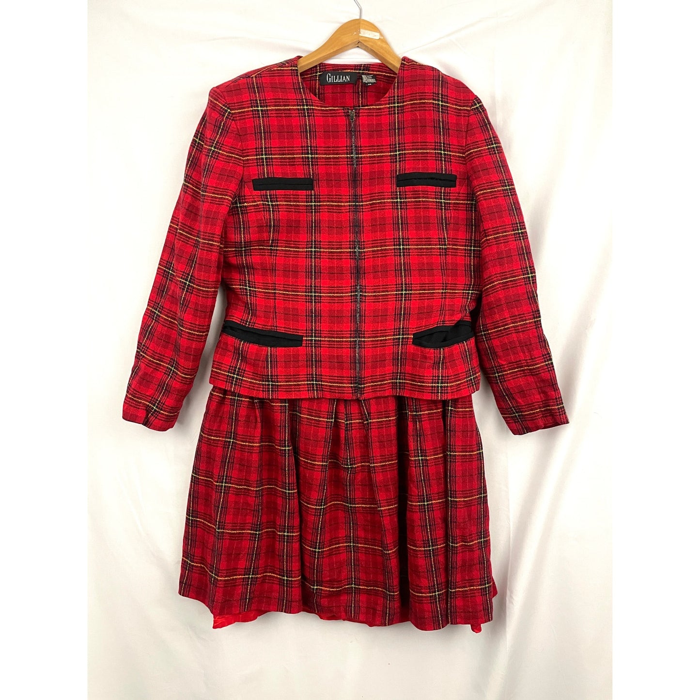 VTG Gillian Red Plaid Wool 2PC Skirt & Jacket Sz 14 Full Zip 1990's Clueless