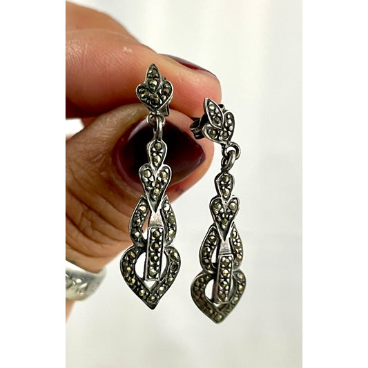 VTG Marcasite and Sterling Silver 925 Dangle Earrings Unique Rare Stamped