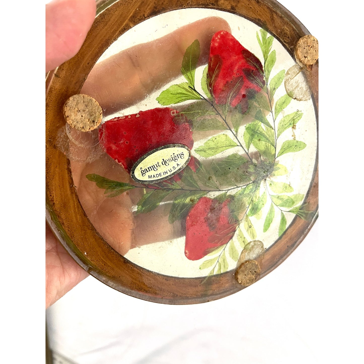 VTG Lucite Coaster Dried Flowers & Painted Strawberry Acrylic 1970's Retro Gamut