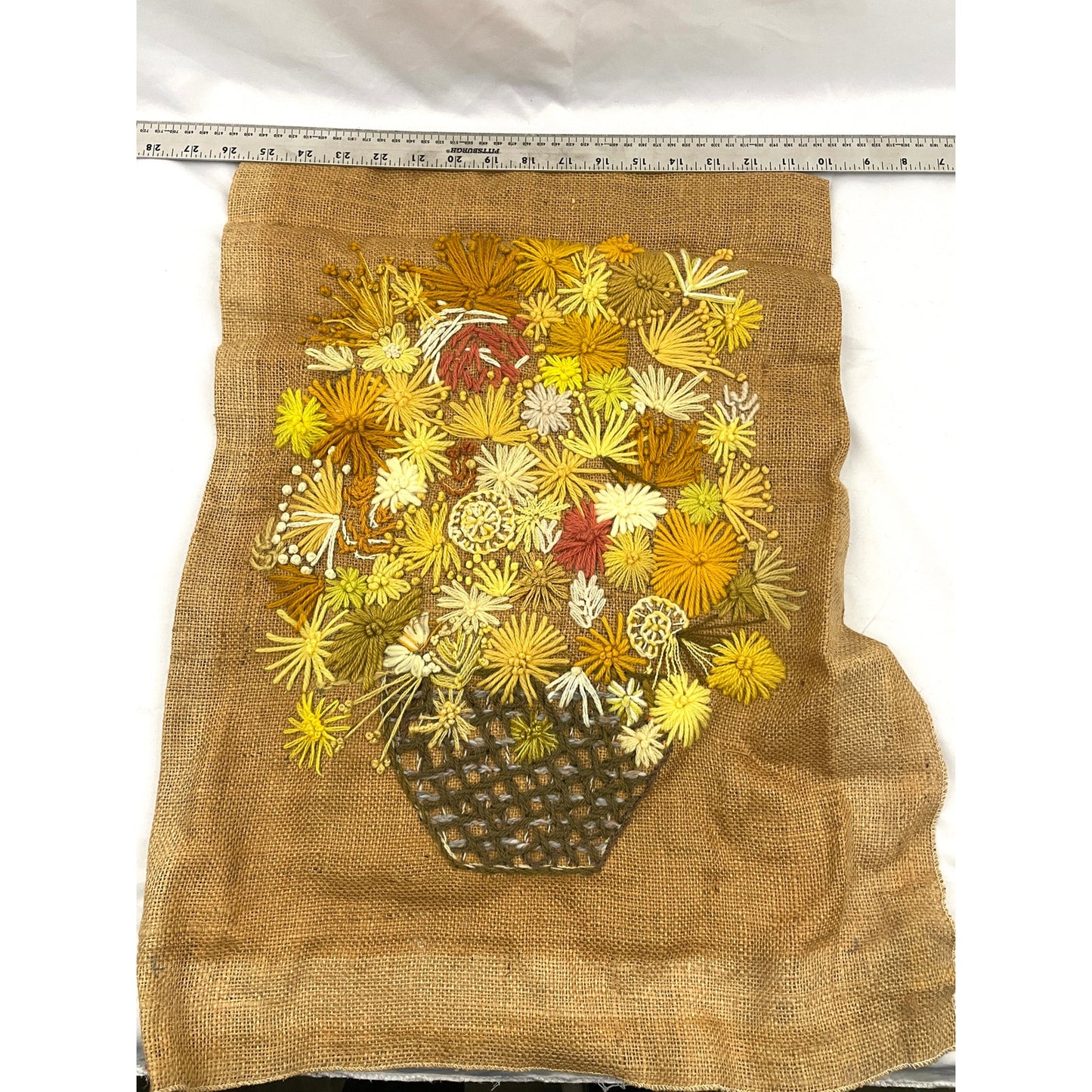 VTG Crewel Flowers Bouquet Needlecraft Embroidered Wall Art 16"x22" 70s Unframed