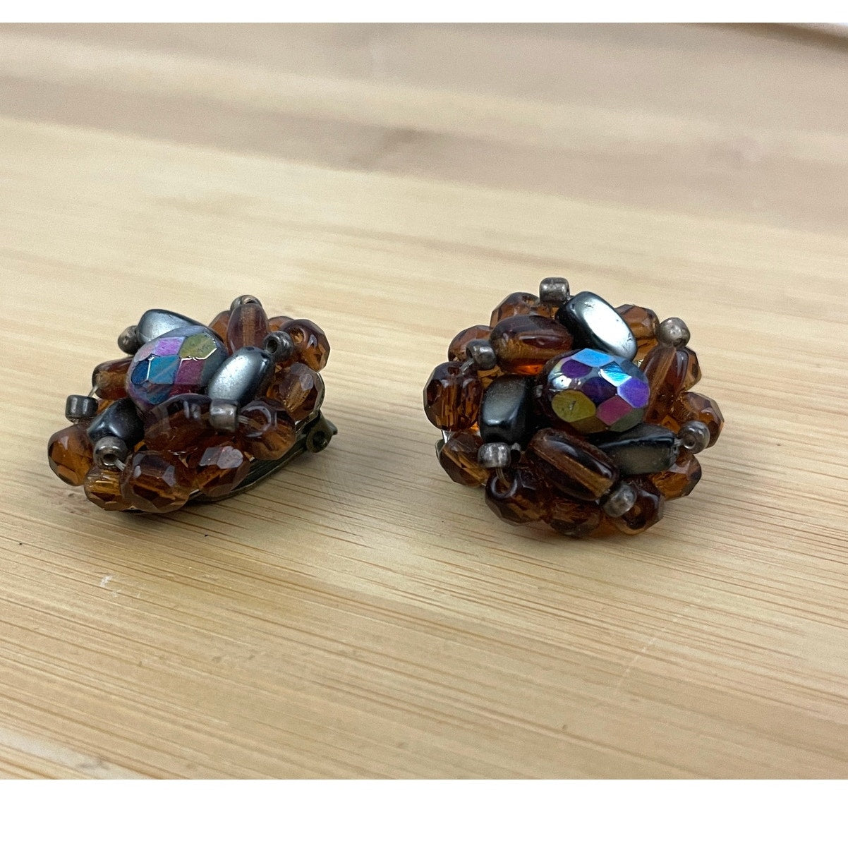 VTG Glass Bead Cluster Clip On Earrings Brass West Germany Iridescent