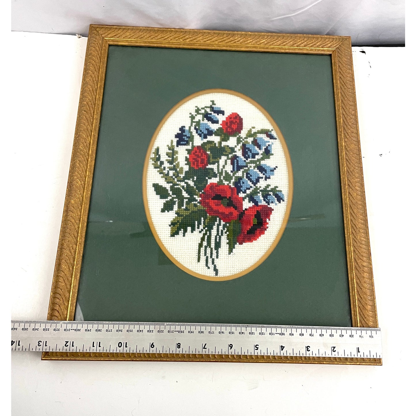 VTG Green Floral Embroidered Needlepoint Fiber Wall Art 13"x15.5" MCM Framed