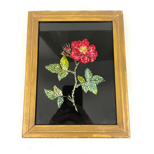 VTG Folk Art Tinsel Foil Reverse Artwork Framed 70s Red Rose 7"x9"