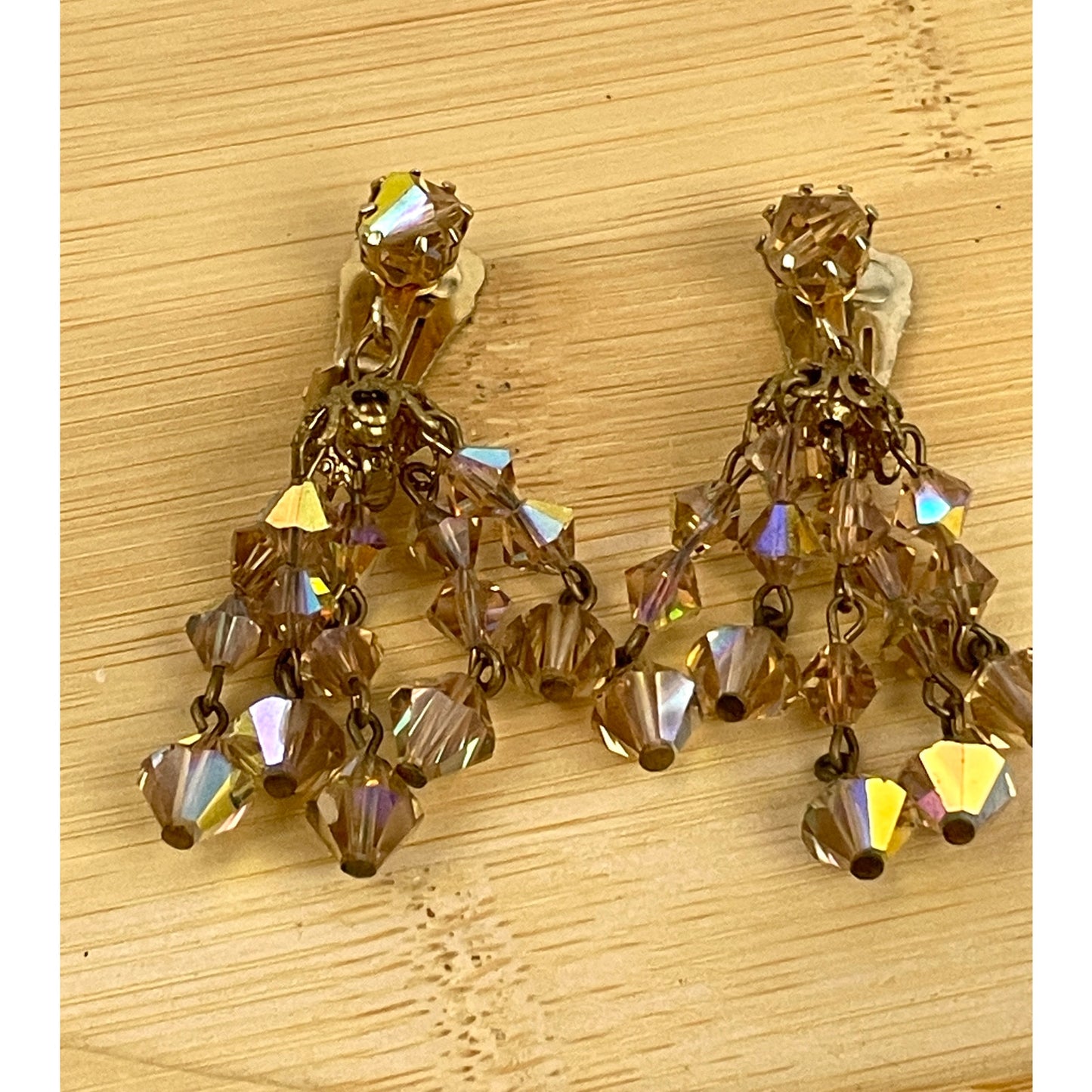 VTG Crystal Chandelier Clip On Earring Brown Iridescent Beaded Dangle 2" Long