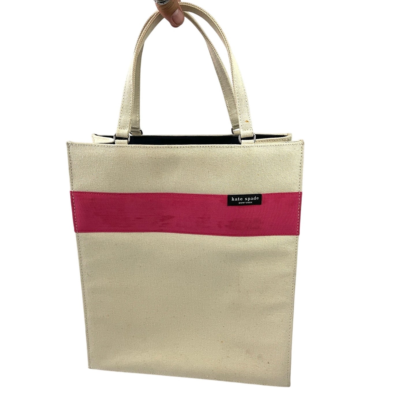 VTG Kate Spade Tote Bag Beige Pink Canvas Handbag Solid Stripe