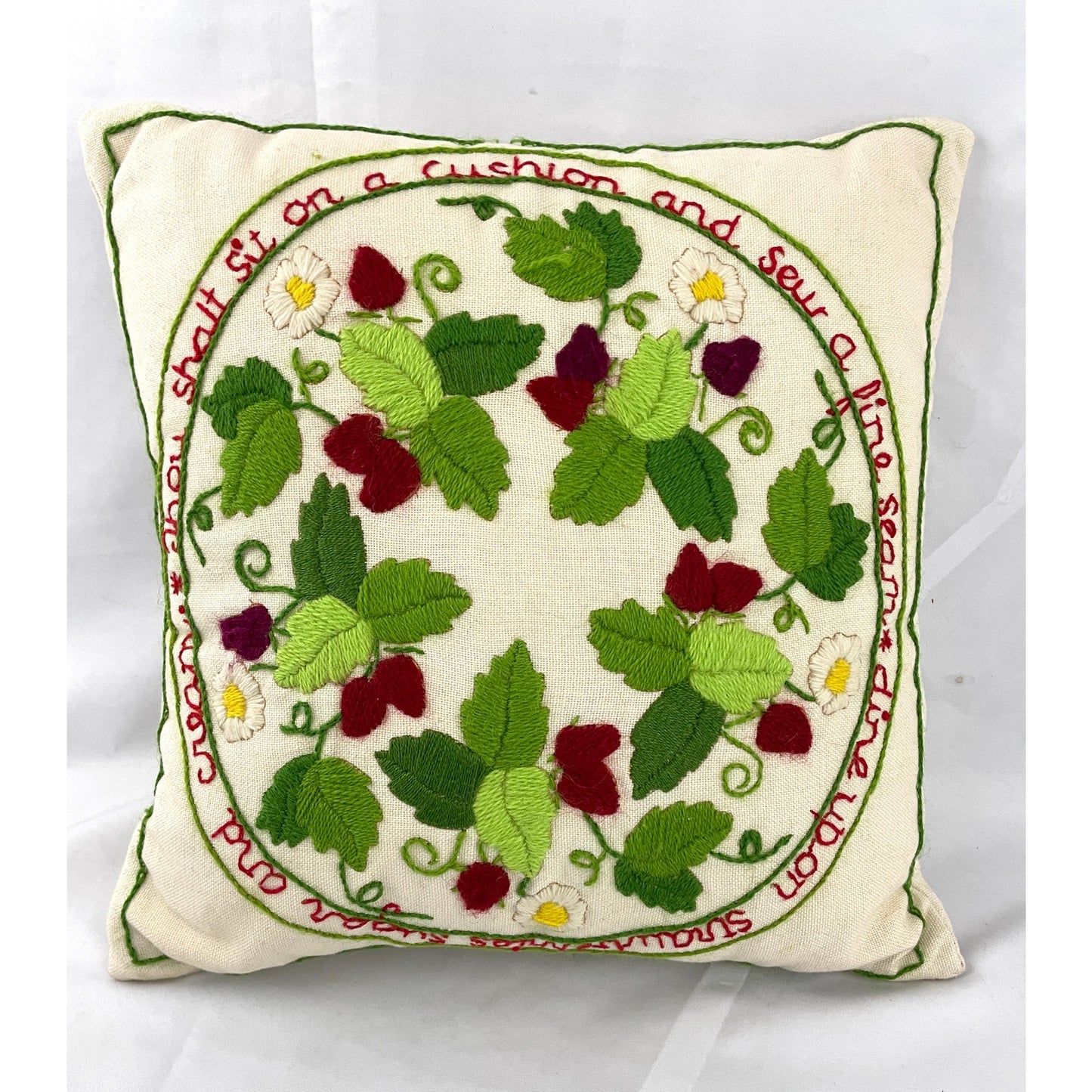 VTG Hand Stitched Strawberries Crewel Embroidery Throw Pillow 1080s 12"x12"