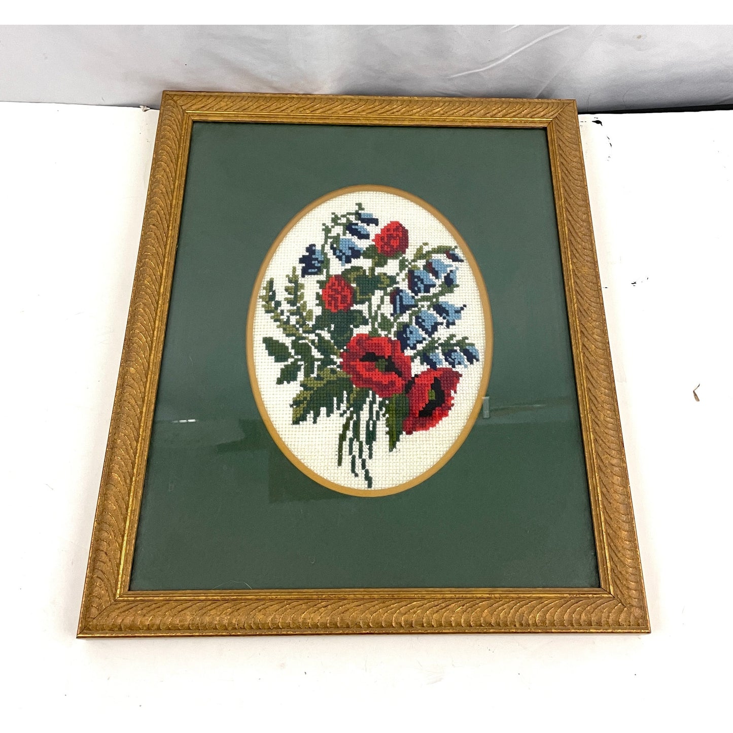 VTG Green Floral Embroidered Needlepoint Fiber Wall Art 13"x15.5" MCM Framed