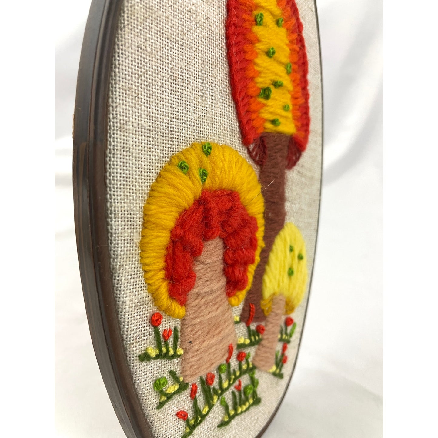 VTG Crewel Mushrooms Orange Needlecraft Embroidered Wall Art 4.5"x8.75" 70s Oval