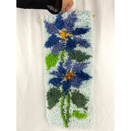 VTG Hooked Rug Hanging Artwork Blue Flowers 21"x9" Collectible Handmade