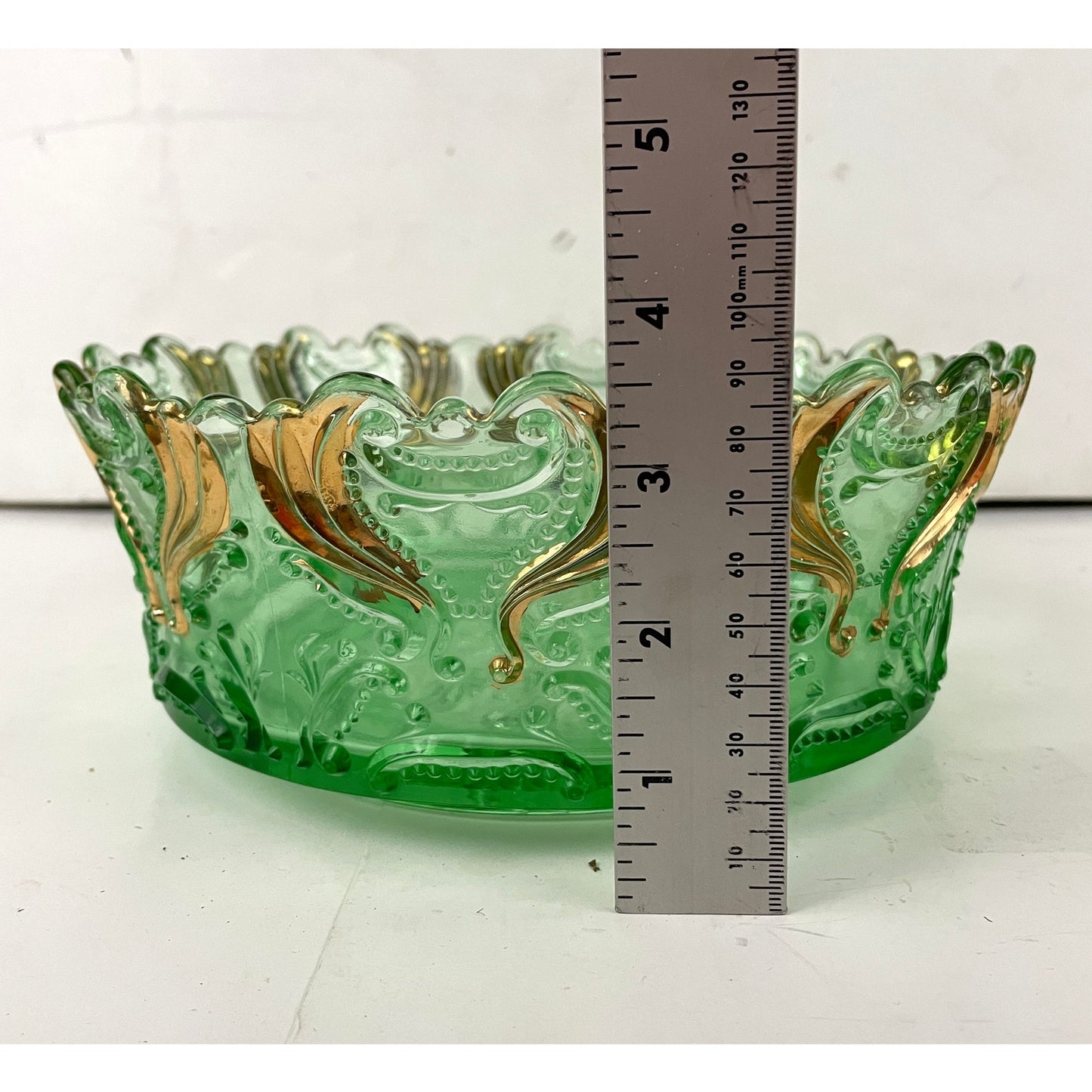 VTG Idyll Pattern Jefferson Pressed Glass Bowl Green Gold Accent