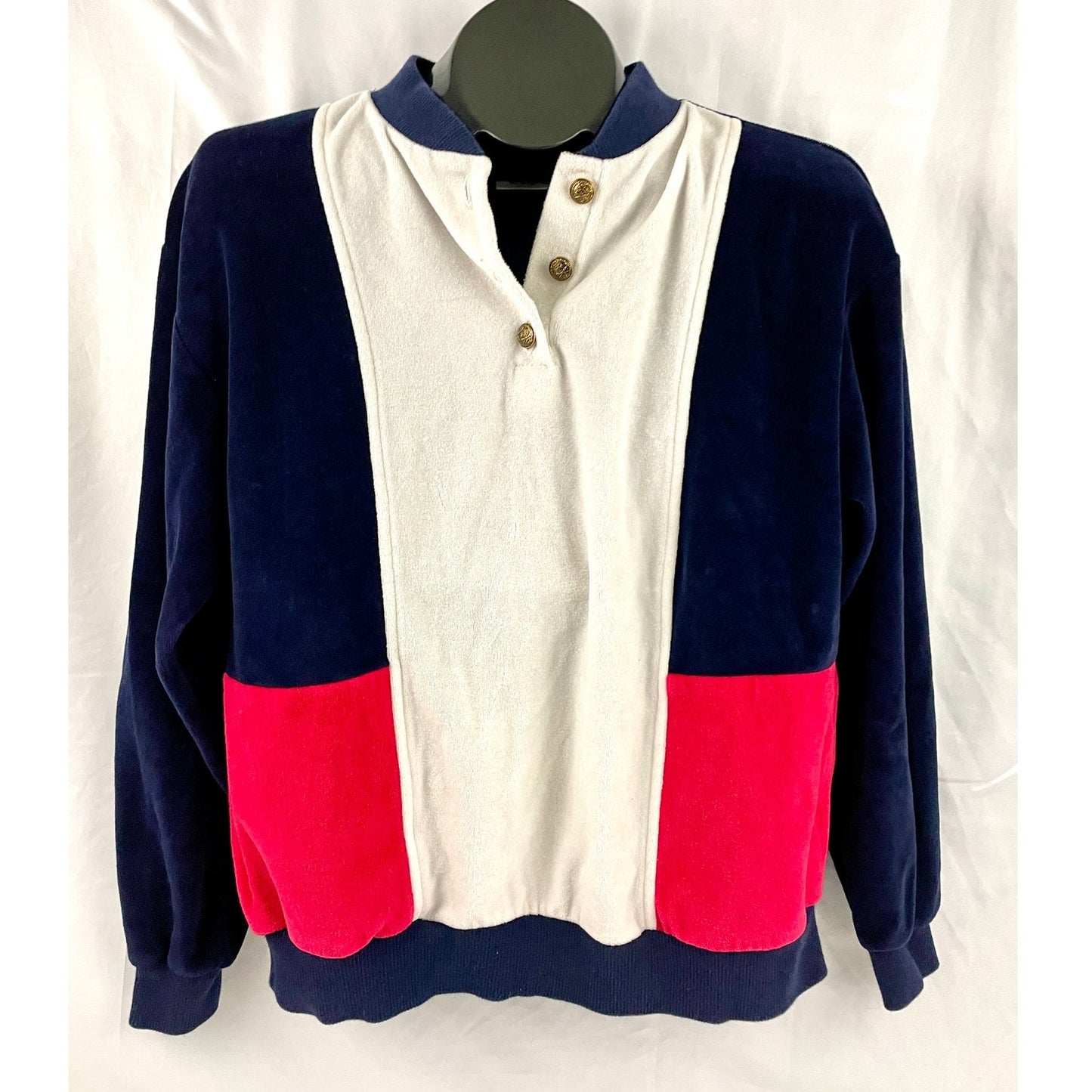 VTG Aileen Medium Blue Red White Top Blouse Classic USA Colorblock