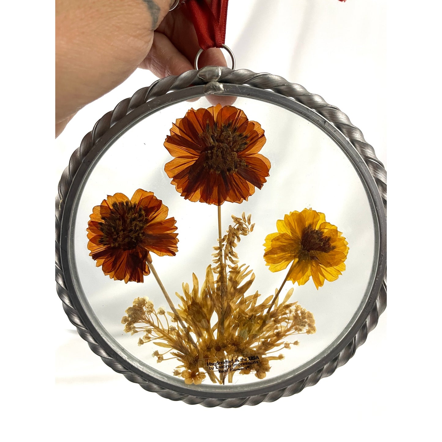 VTG 2x Real Pressed Dried Flowers Suncatcher 1940s Lasting Impressions USA Round