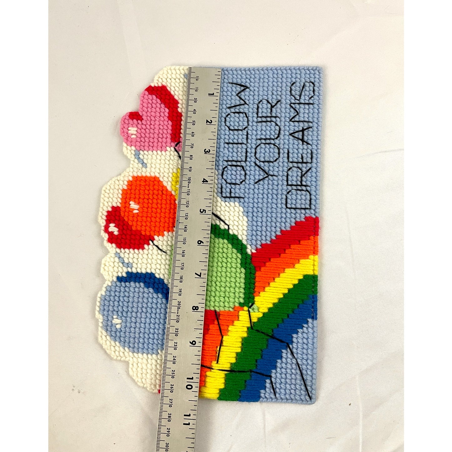 VTG 80's Rainbow Balloons Follow Your Dreams Cross Stitch Wall Art 10"x7" MCM