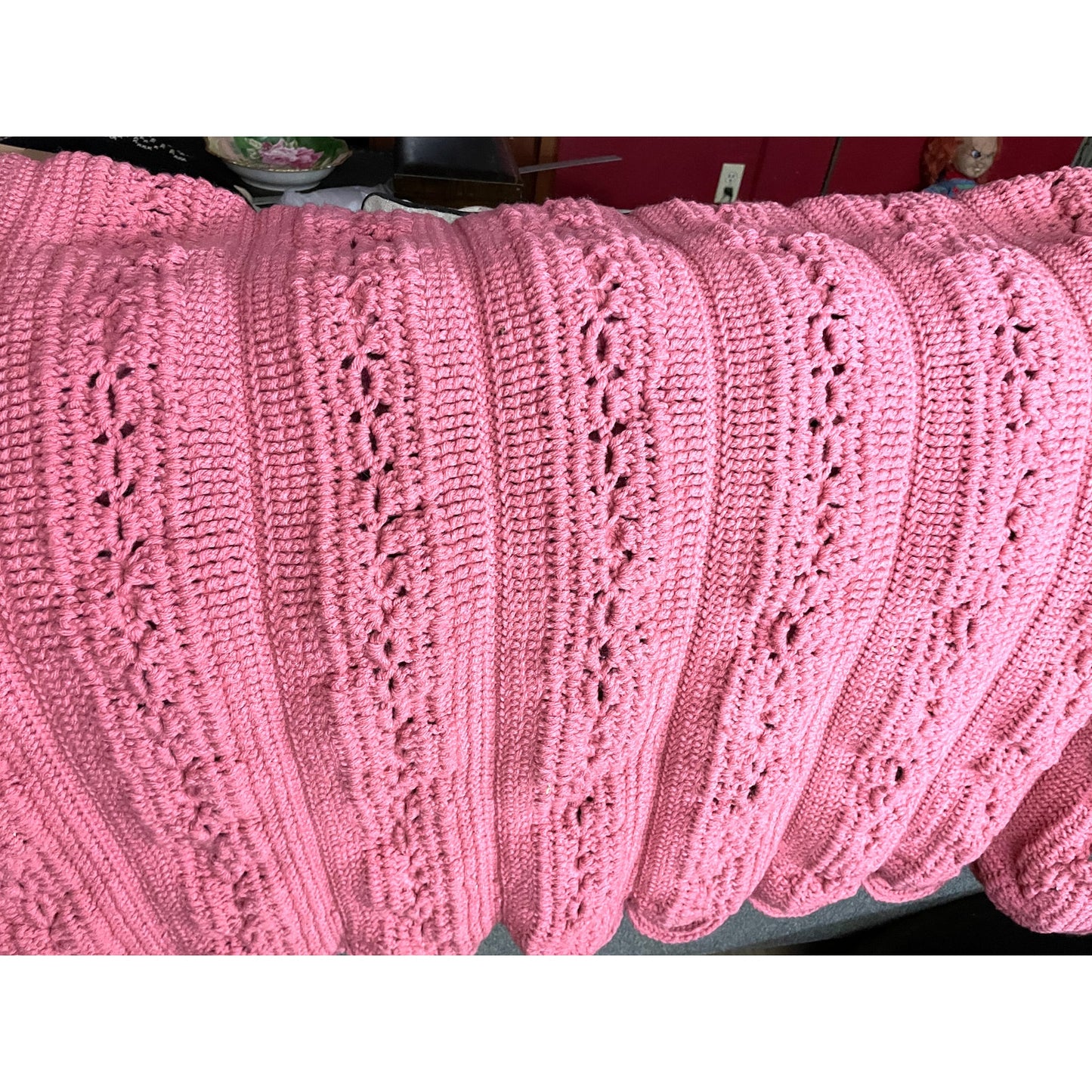 VTG Handmade Pink Crocheted Afghan Throw Blanket Chain Popcorn Stitch 60"x40"