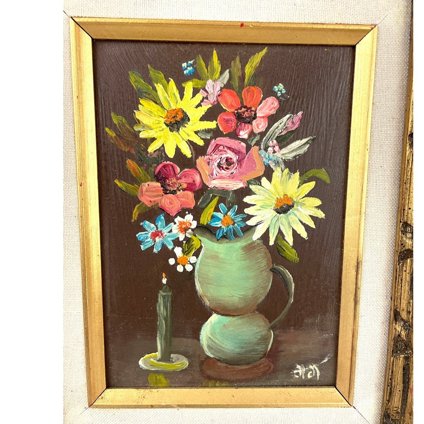 VTG Flower Vase Oil Painting Artist Signed Wood Framed MCM 70s Original OOAK