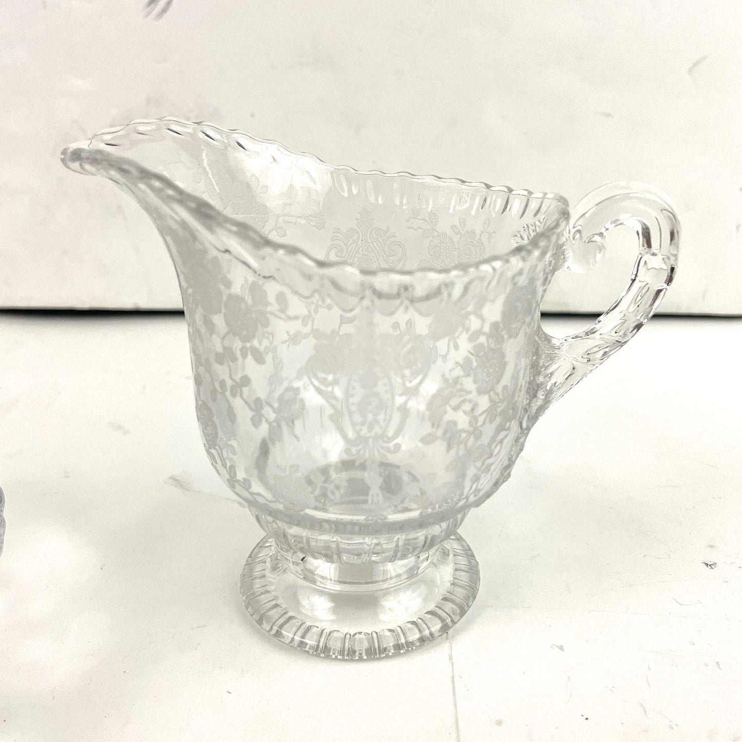 VTG Cambridge Rose Point Divided Dish Sugar and Creamer Etched Clear Glass