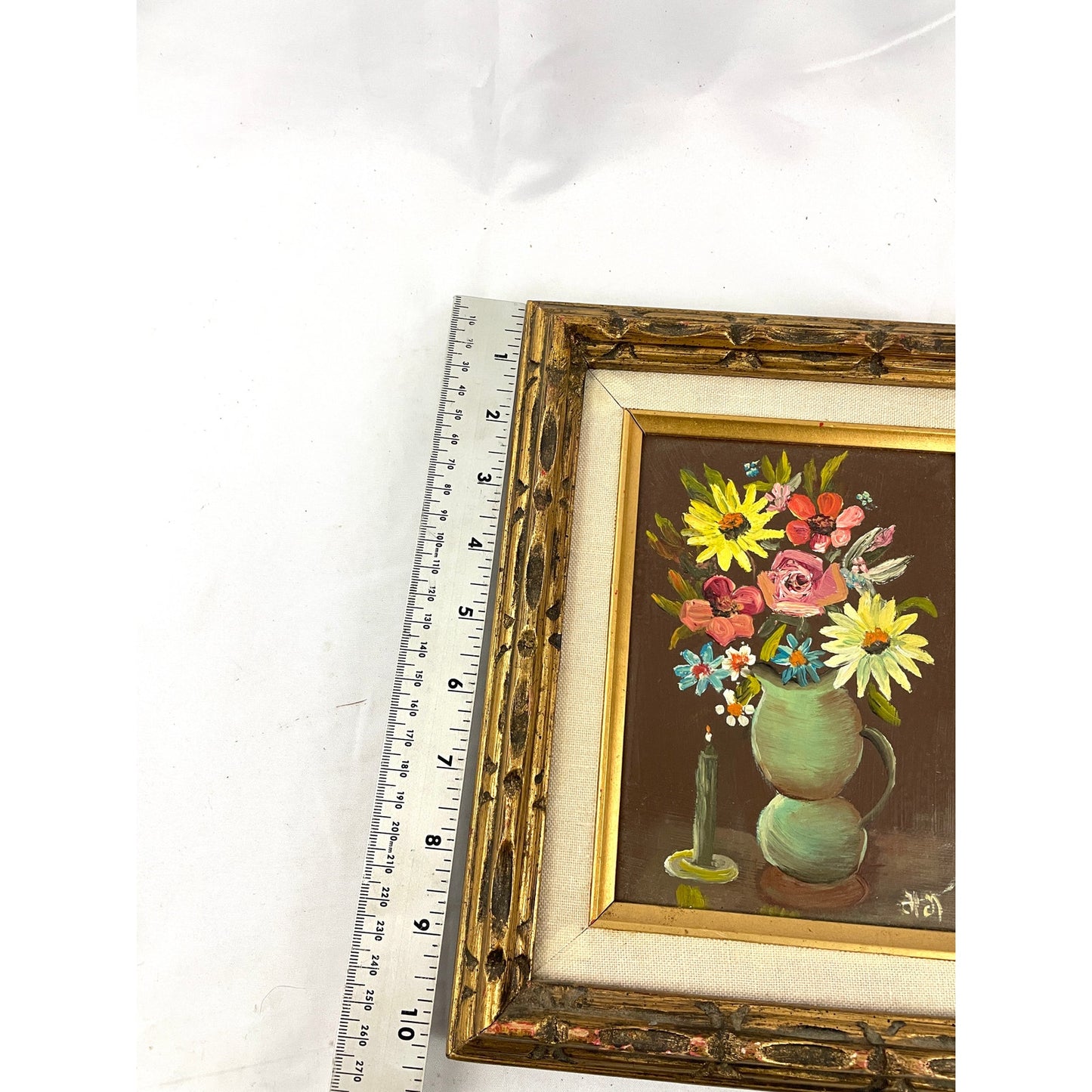 VTG Flower Vase Oil Painting Artist Signed Wood Framed MCM 70s Original OOAK