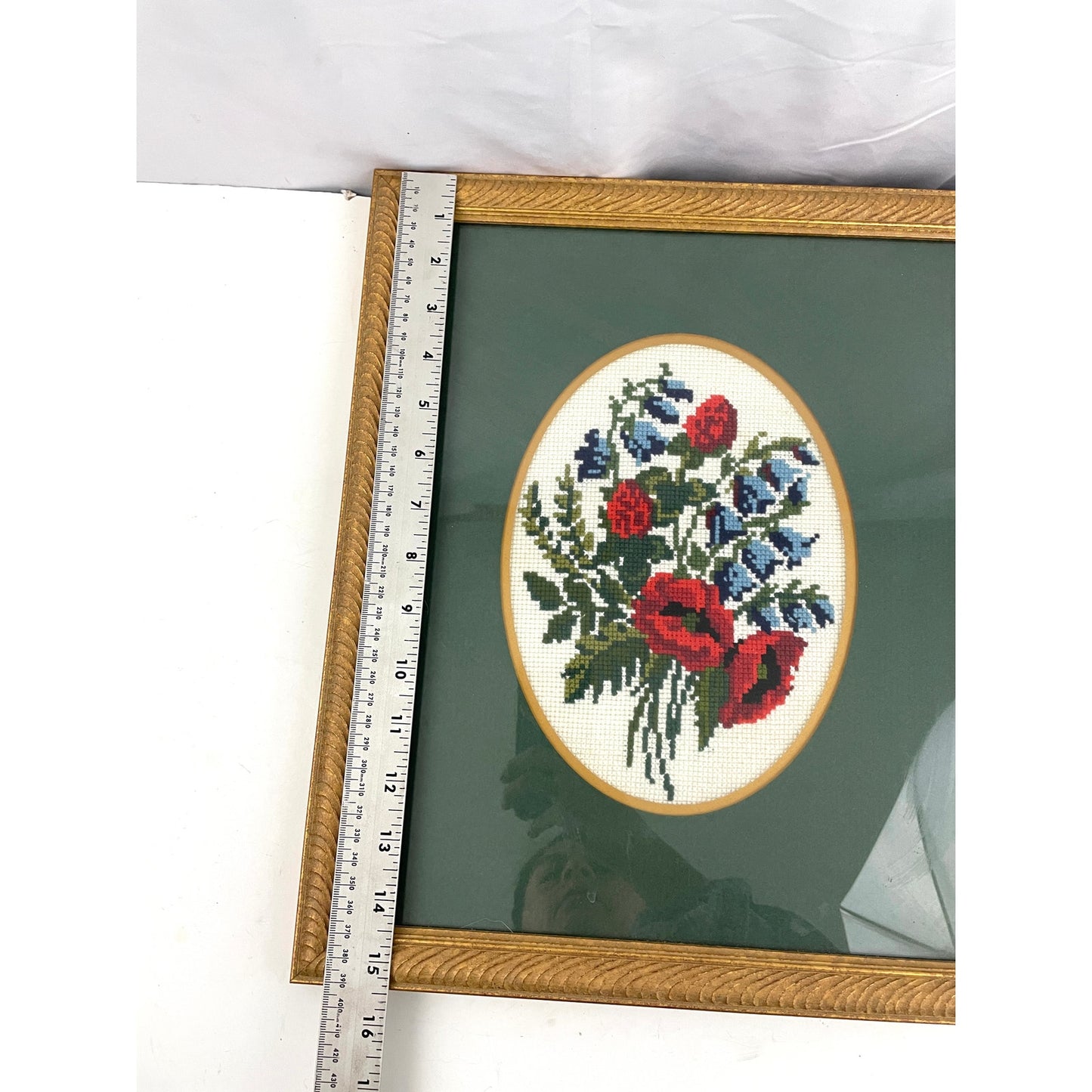 VTG Green Floral Embroidered Needlepoint Fiber Wall Art 13"x15.5" MCM Framed