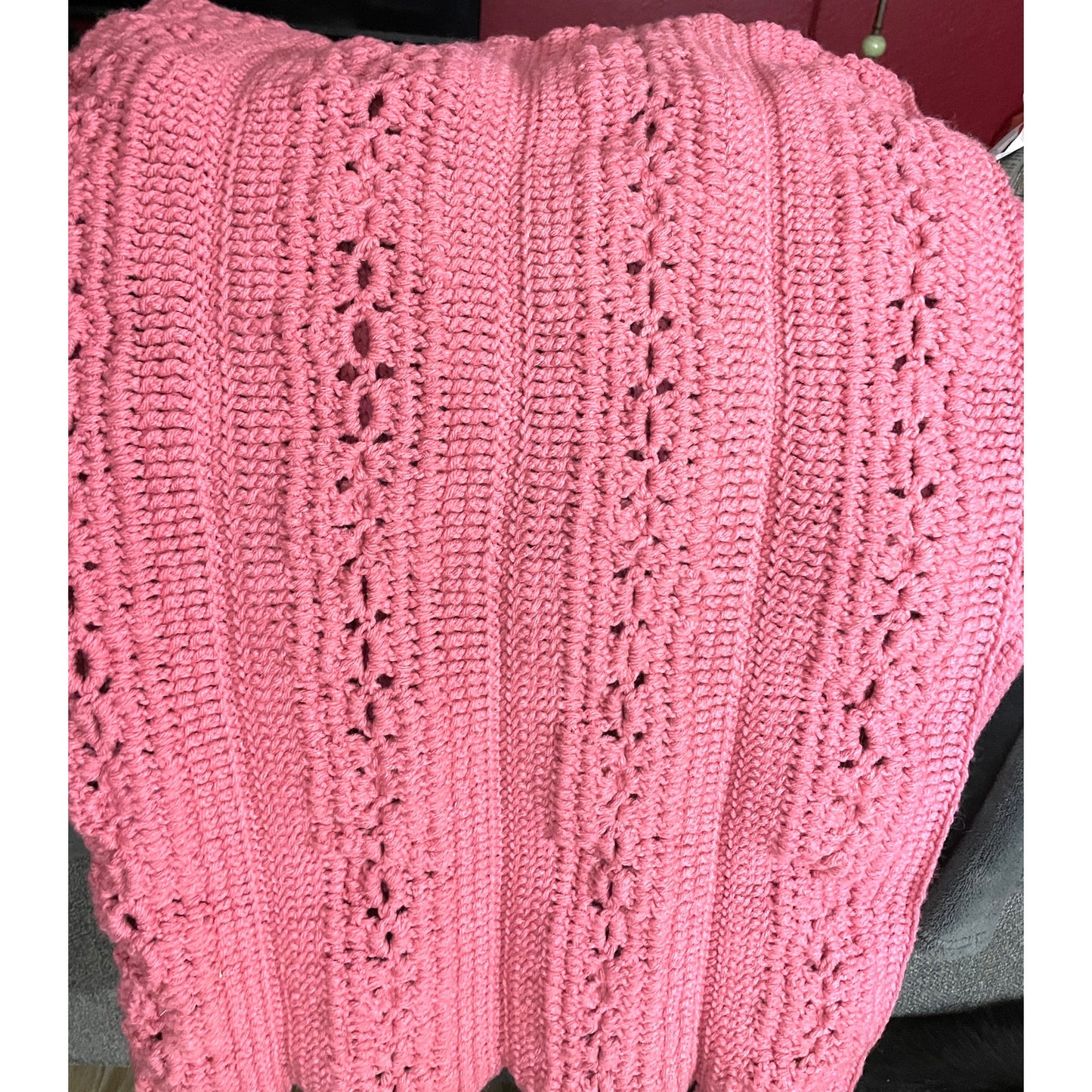 VTG Handmade Pink Crocheted Afghan Throw Blanket Chain Popcorn Stitch 60"x40"