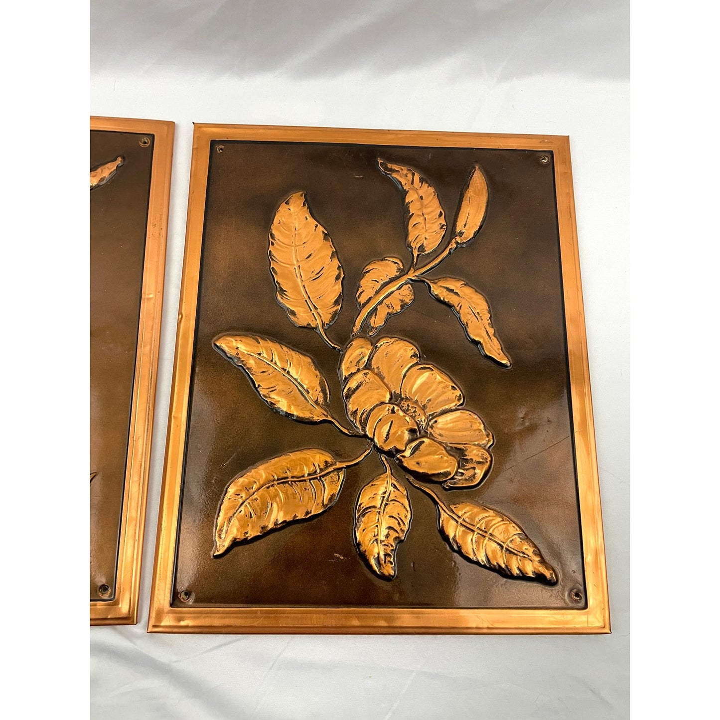 VTG Set of 2 Copper Floral Art Prints Embossed Metal Flowers Retro 11"x13"