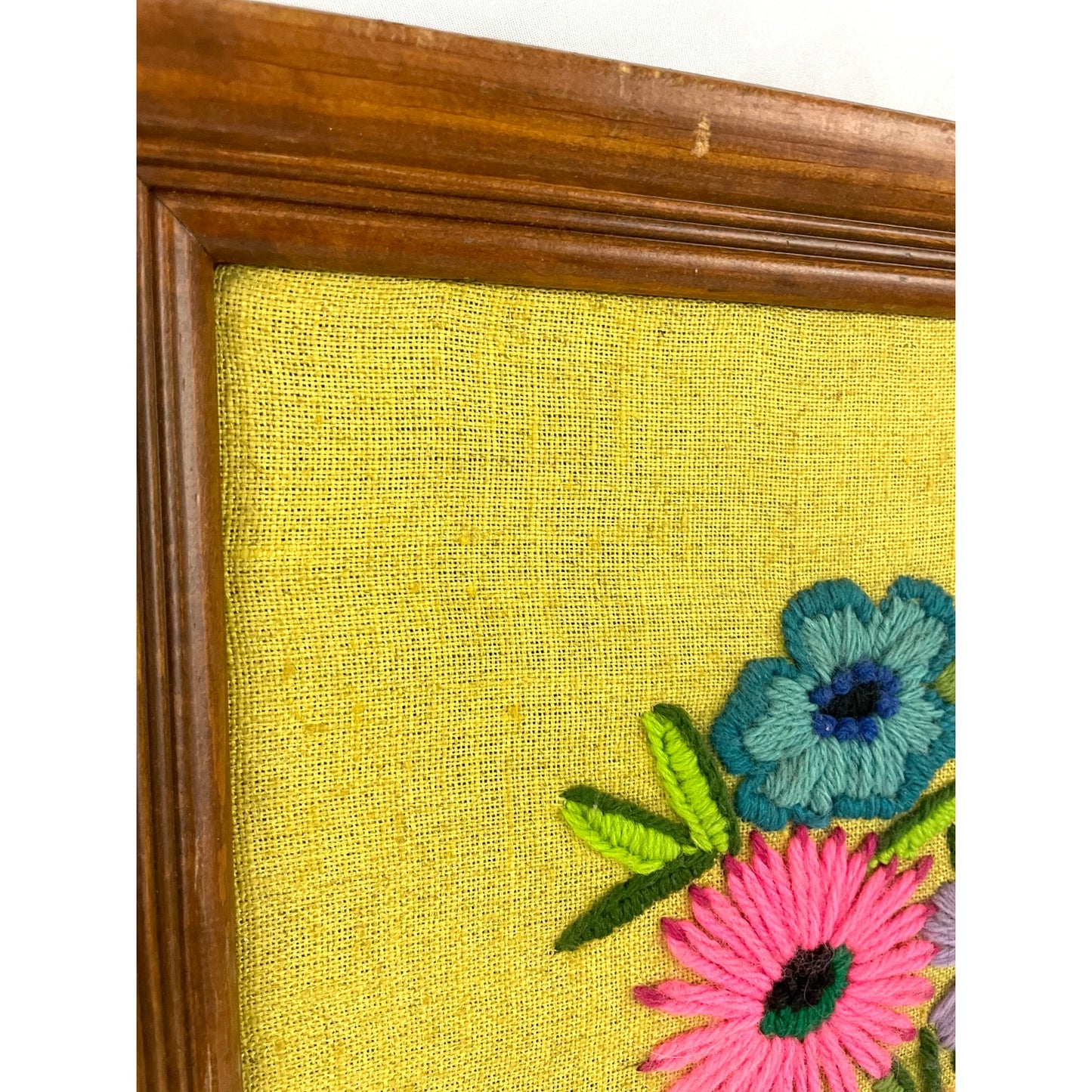 VTG Crewel Embroidery Bright Floral Framed 70's MCM Fiber Wall Art 22"X 26"