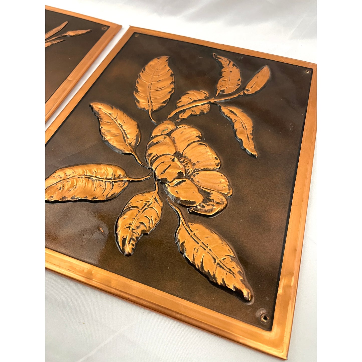 VTG Set of 2 Copper Floral Art Prints Embossed Metal Flowers Retro 11"x13"