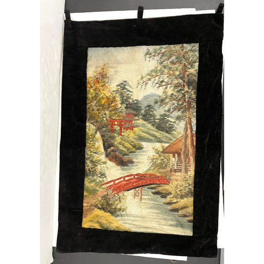 VTG Japanese Silk Embroidery Wall Hanging Tapestry Handmade Village River 19"x28