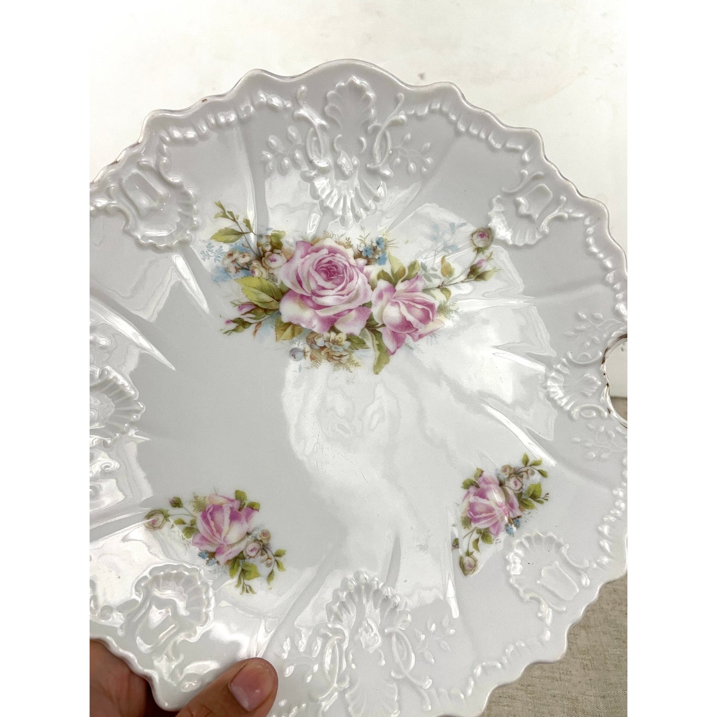 VTG Porcelain Pink Roses Floral Serving Plate With Handles Embossed Shabby Chic