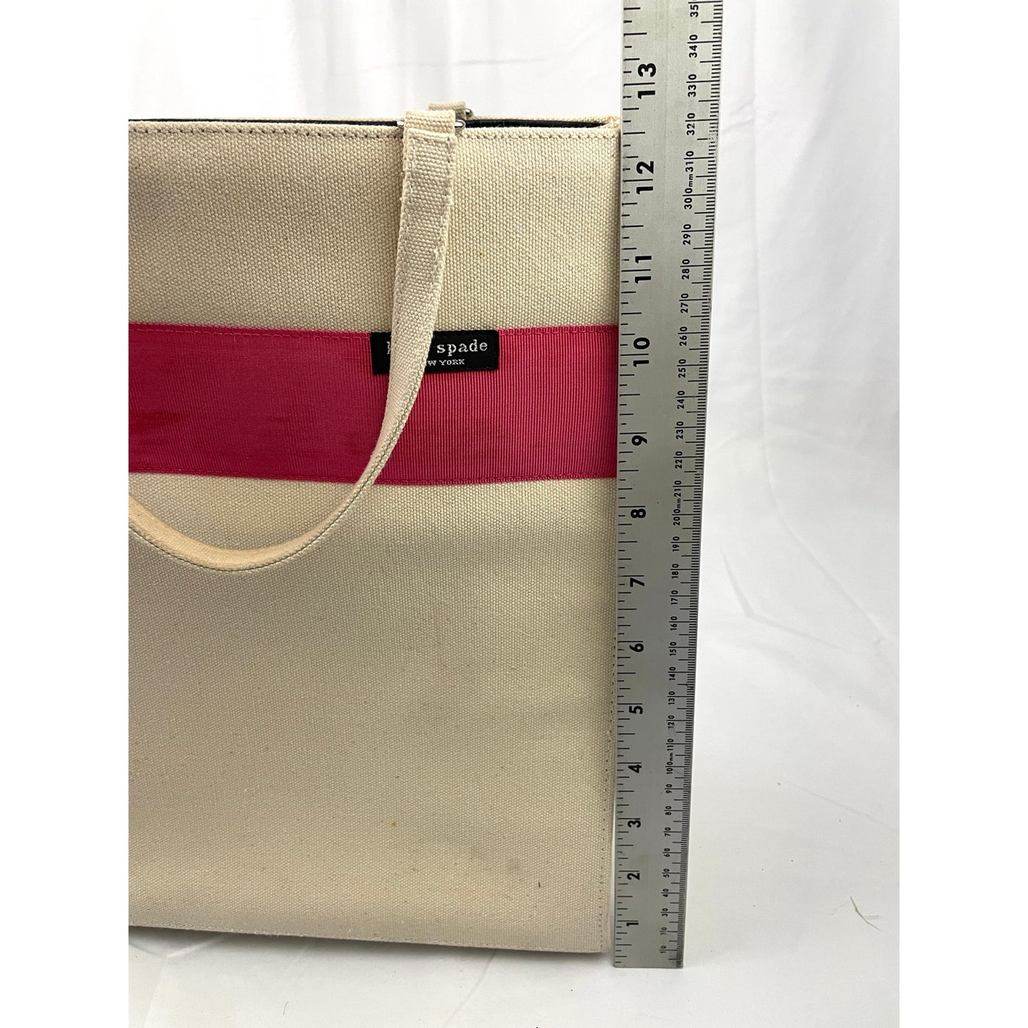 VTG Kate Spade Tote Bag Beige Pink Canvas Handbag Solid Stripe