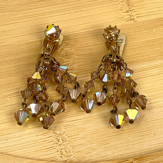 VTG Crystal Chandelier Clip On Earring Brown Iridescent Beaded Dangle 2" Long