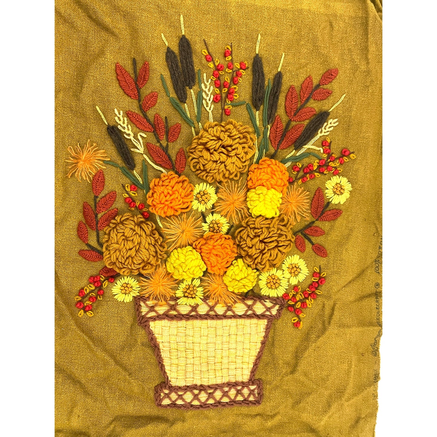 VTG Crewel Flowers Needlecraft Embroidered Wall Art 20"x27" 70s Paragon Unframed