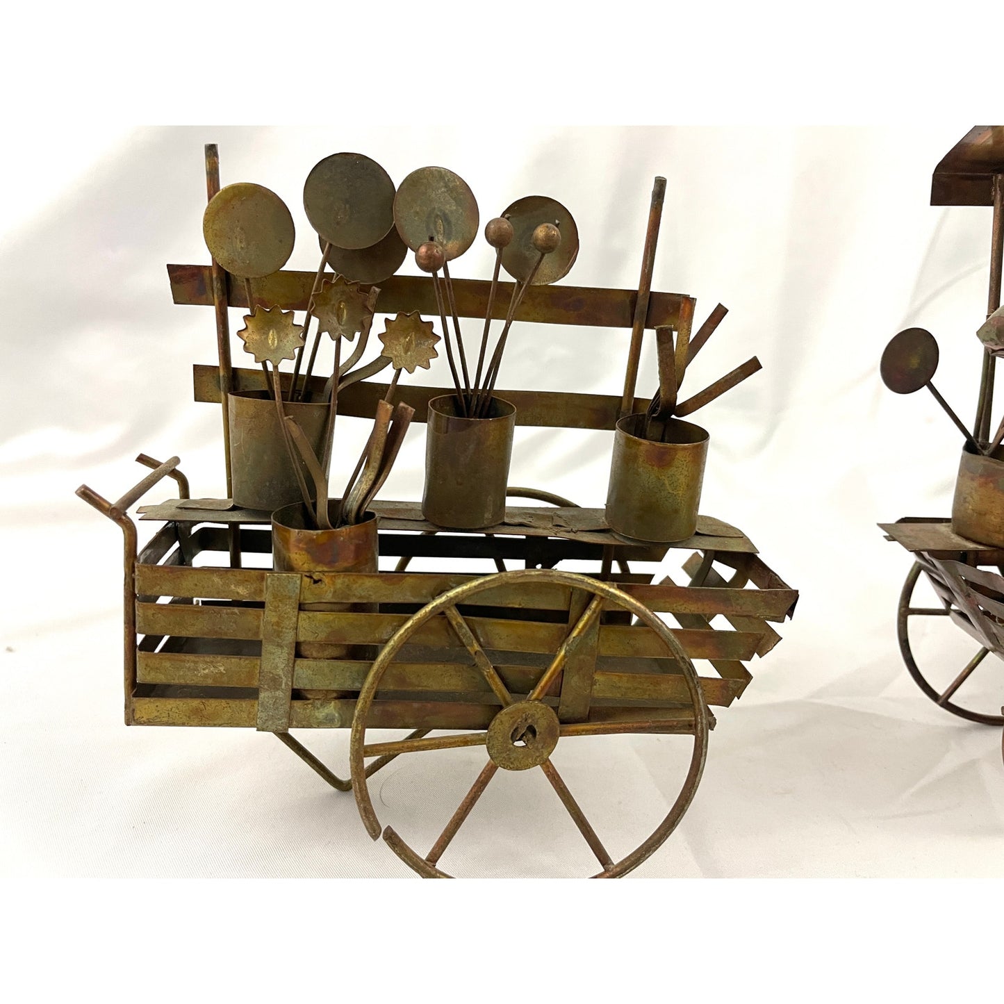 VTG Lot of 2 Copper Market Wagon Metalware Decor Flower Cart Farmers Sculpture